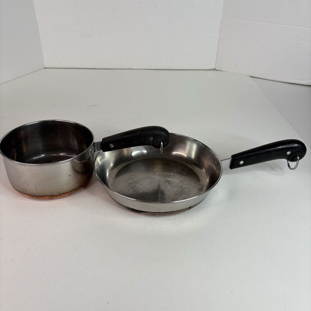 Vintage Revere Ware 2 Piece Set, 8” Frying Pan, 1 Qt Pot, Copper Bottom